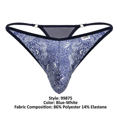 Blue-white patterned CandyMan 99875 thong with intricate white line art, black elastic straps, and mesh back detailing