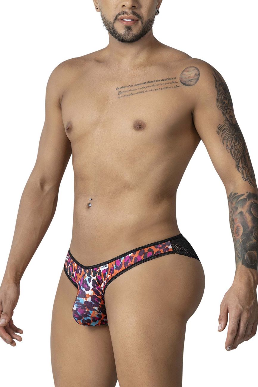 Vibrant leopard-print briefs with black mesh trim by candyman in animal print color for stylish underwear wear