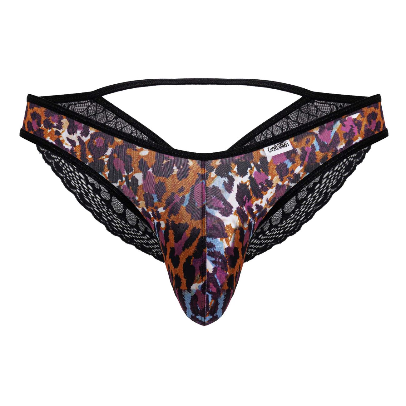 A men’s thong CandyMan 99876 featuring bold multicolored leopard print with black lace trim and a central brown purple orange blue panel