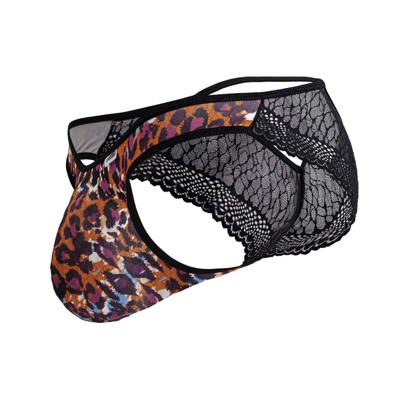 CandyMan 99876 leopard briefs men’s leopard print lace trimmed with bold orange purple and black patterned front panel