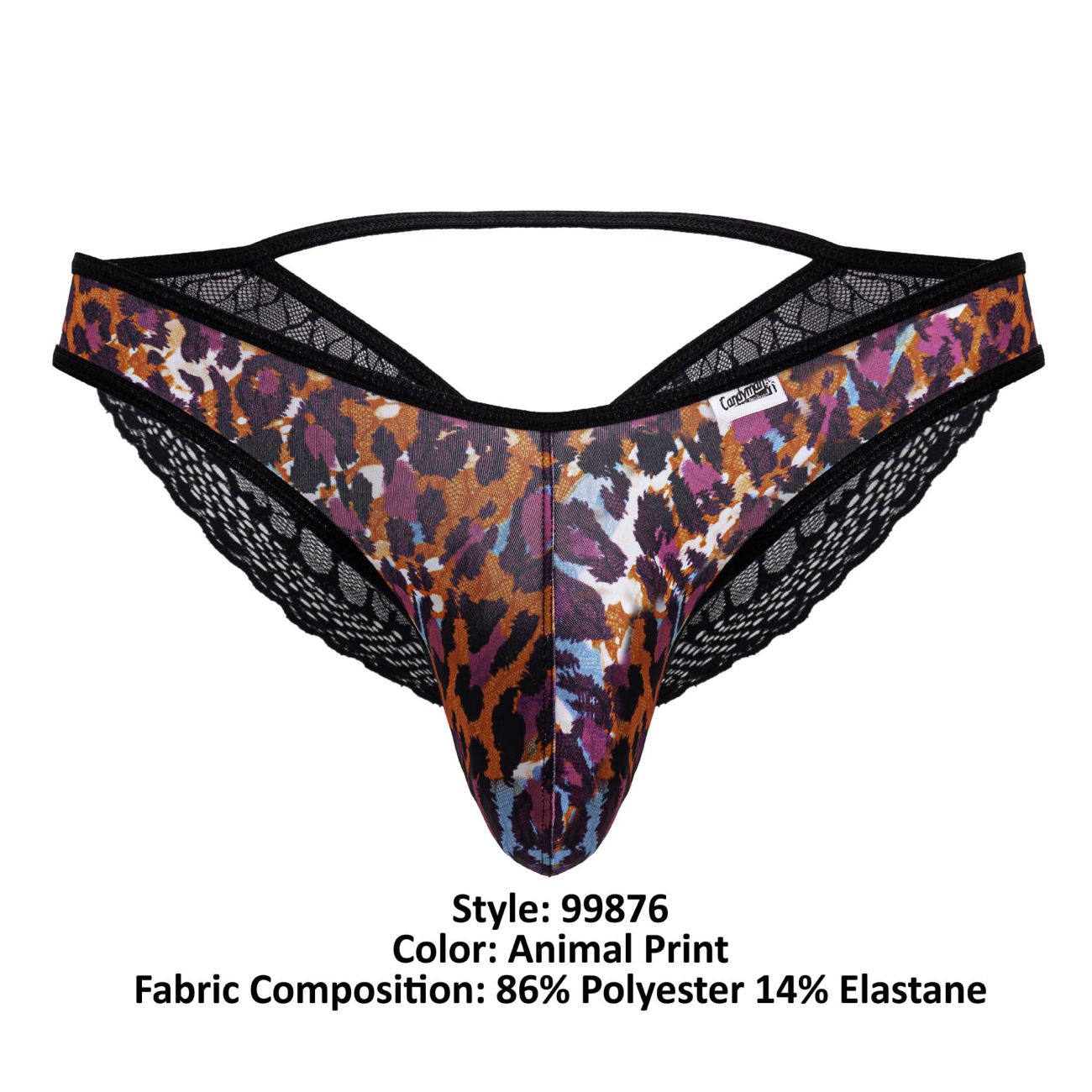 A men’s thong candyMan 99876 featuring bold brown purple and black animal print with intricate lace trim edges