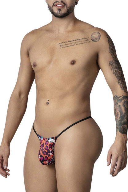 Vibrant leopard-print thong with black elastic waistband and leg straps from candyman 99877 animal print collection