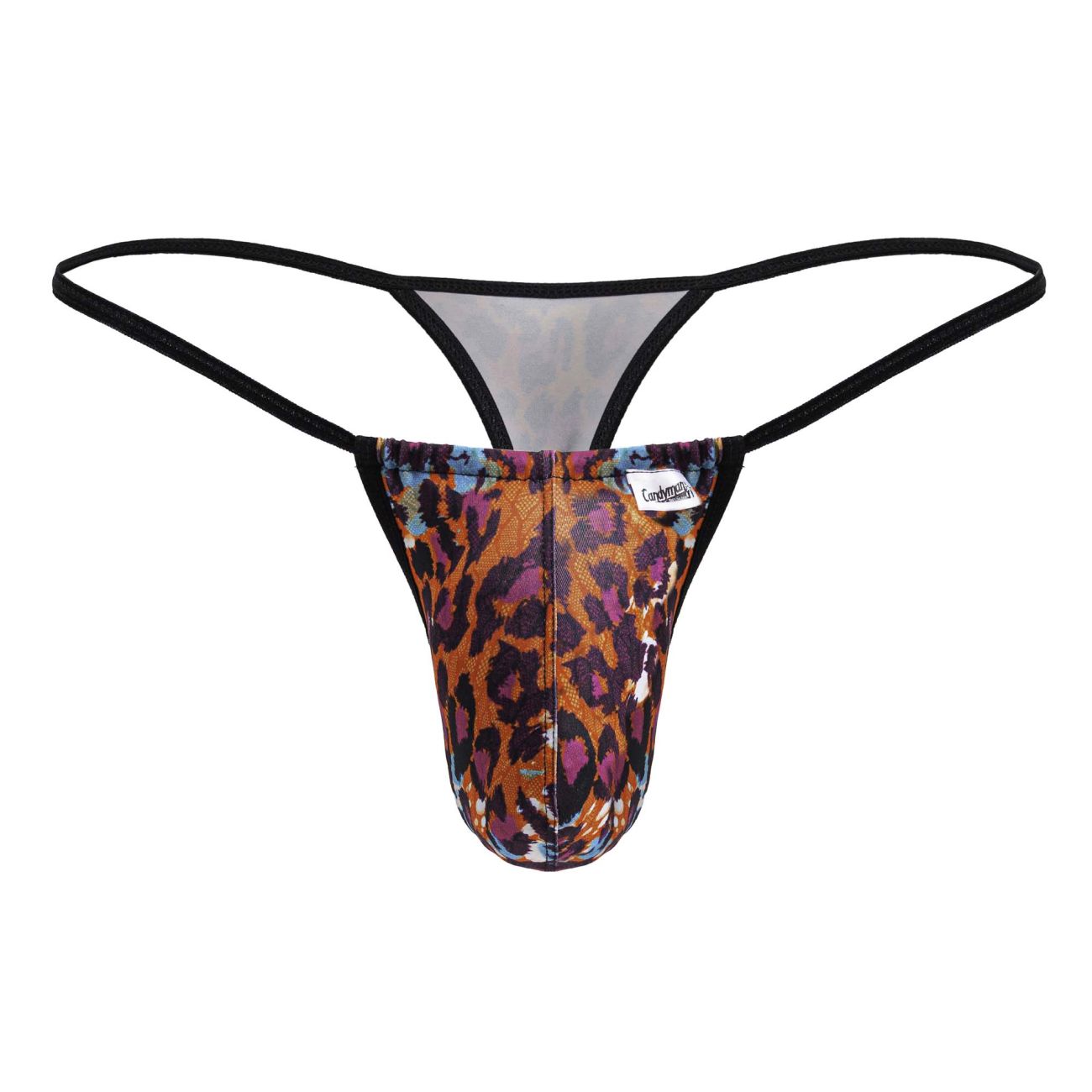 A men’s thong from Candyman 99877 with bold orange purple and black leopard print and black elastic straps