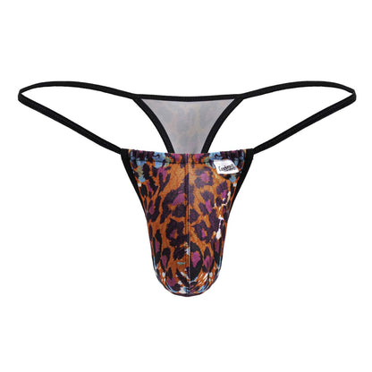 A men’s thong from Candyman 99877 with bold orange purple and black leopard print and black elastic straps