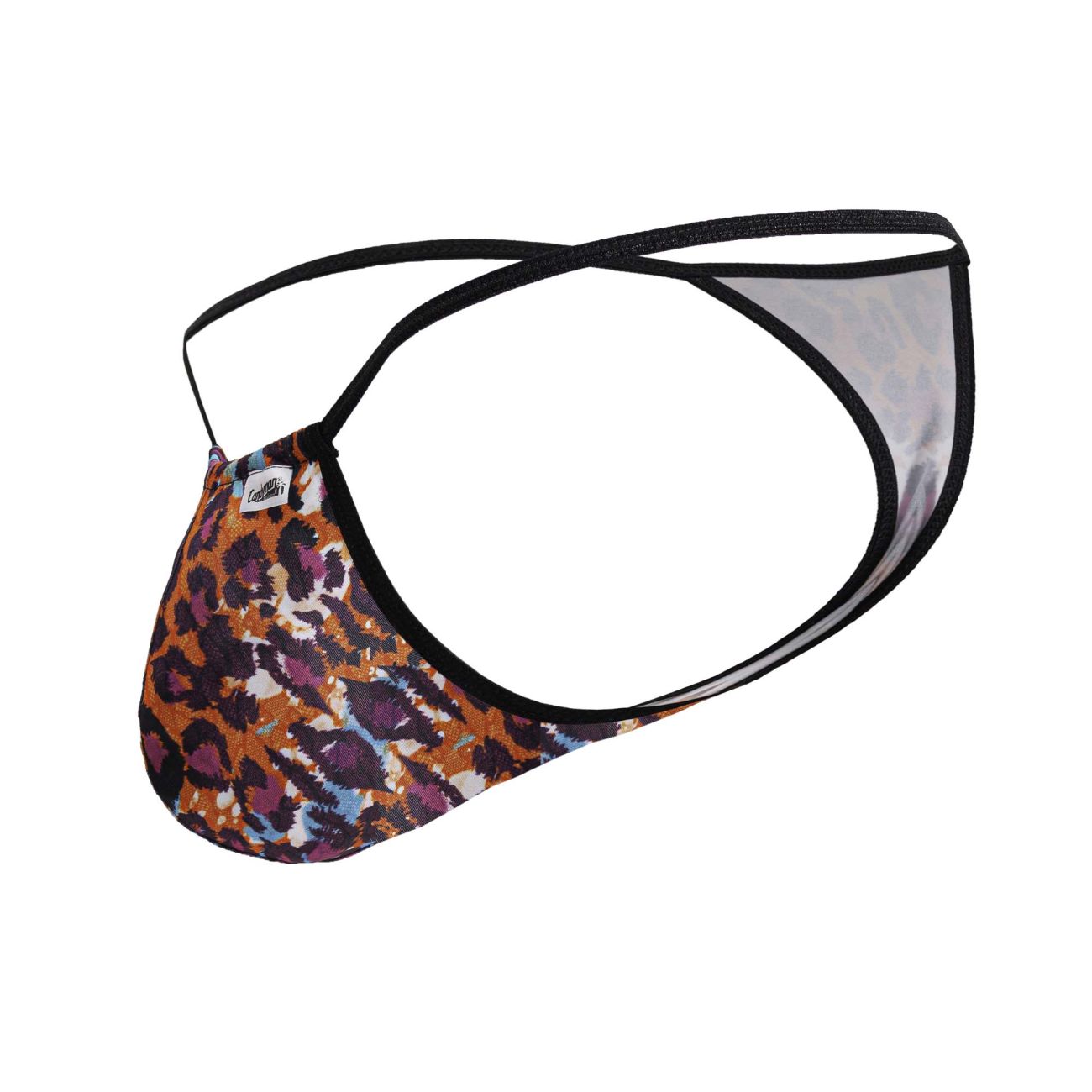 A men’s thong candyMan 99877 with bold leopard print in orange purple and blue with black trim