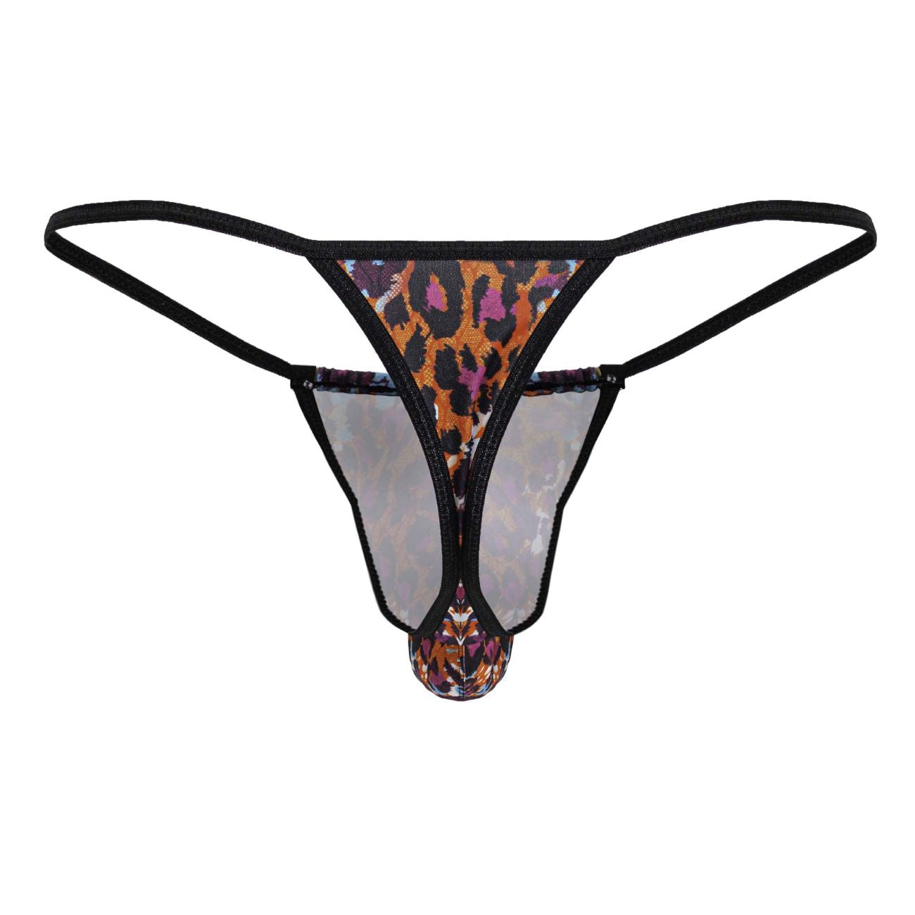 CandyMan 99877 leopard thongs with leopard print, black elastic straps, and sheer mesh panel in front