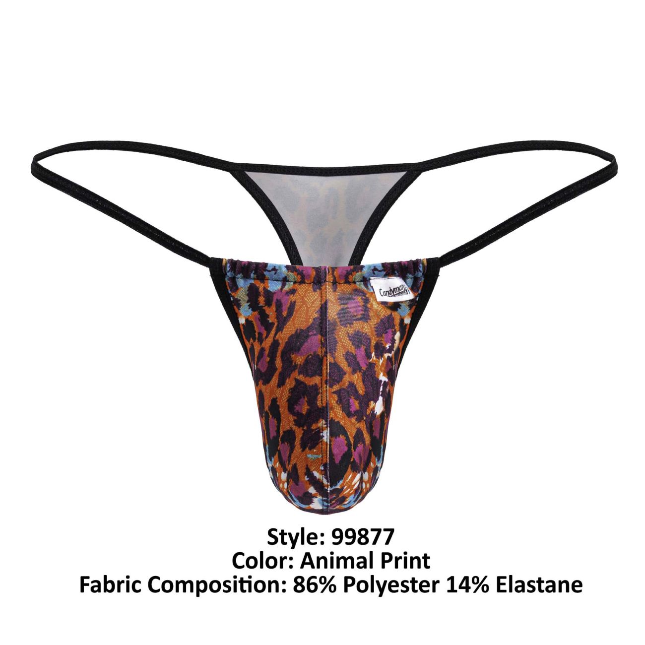 A men’s thong with bold CandyMan 99877 leopard animal print in orange brown and purple with black elastic straps
