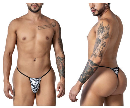 CandyMan 99877 zebra thongs in black and white zebra print with thin black elastic waistband front view