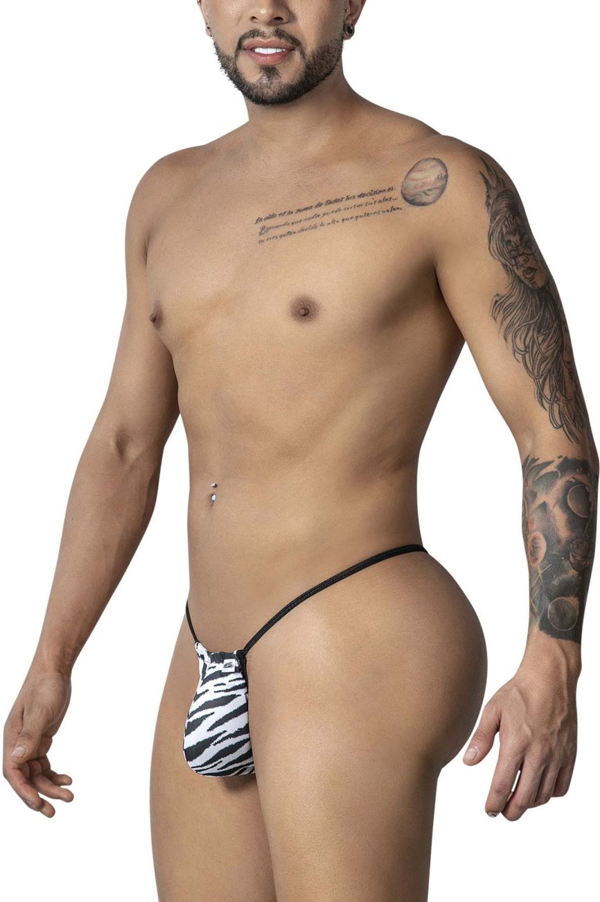 CandyMan 99877 zebra thong in black and white zebra print with thin black elastic waistband showing front side