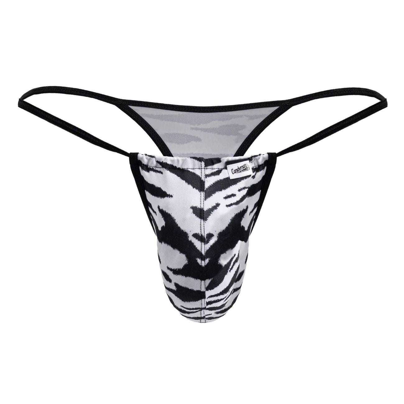 Black and white tiger-striped thong with black elastic straps from candyman 99877 zebra thongs color zebra print