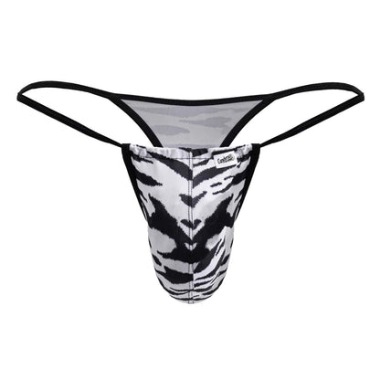 Black and white tiger-striped thong with black elastic straps from candyman 99877 zebra thongs color zebra print