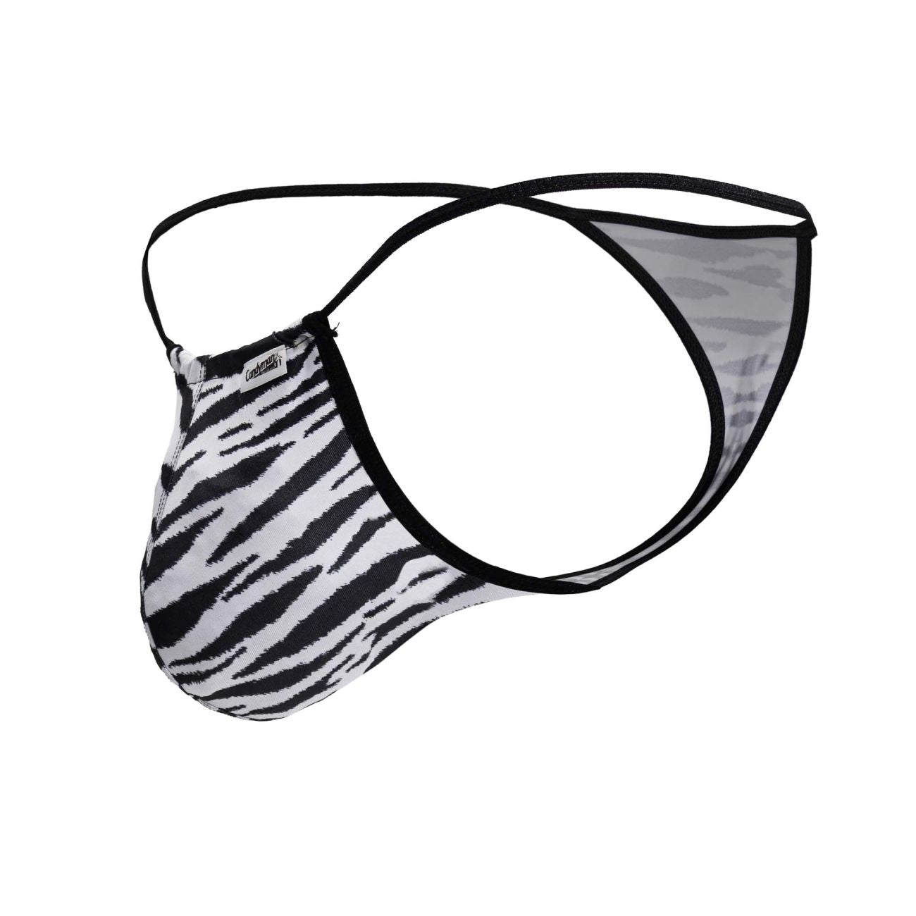 Black and white zebra-striped men’s thong with black trim.