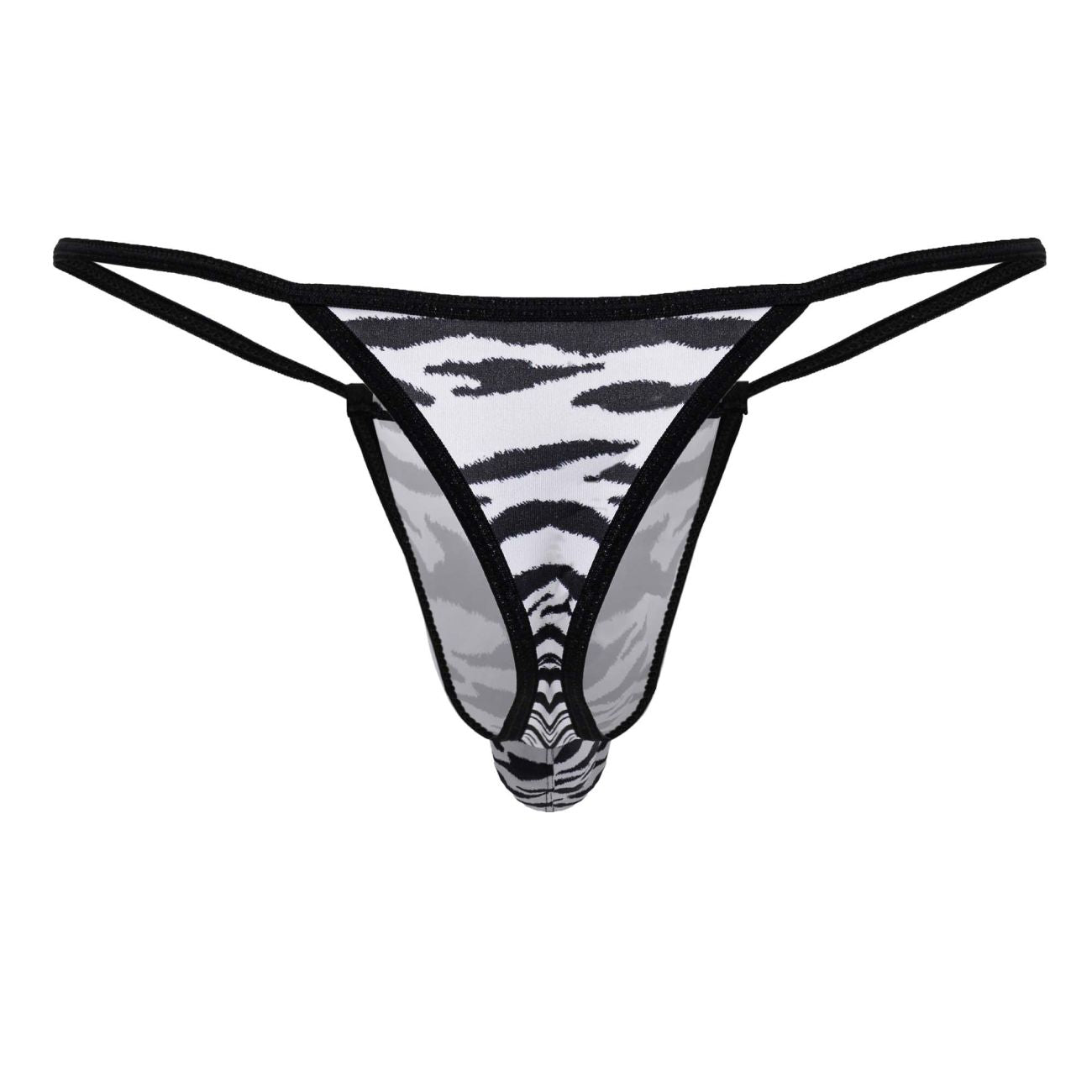 CandyMan 99877 zebra thongs in black and gray zebra print with sheer mesh fabric shown from the back side