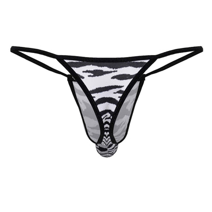 CandyMan 99877 zebra thongs in black and gray zebra print with sheer mesh fabric shown from the back side