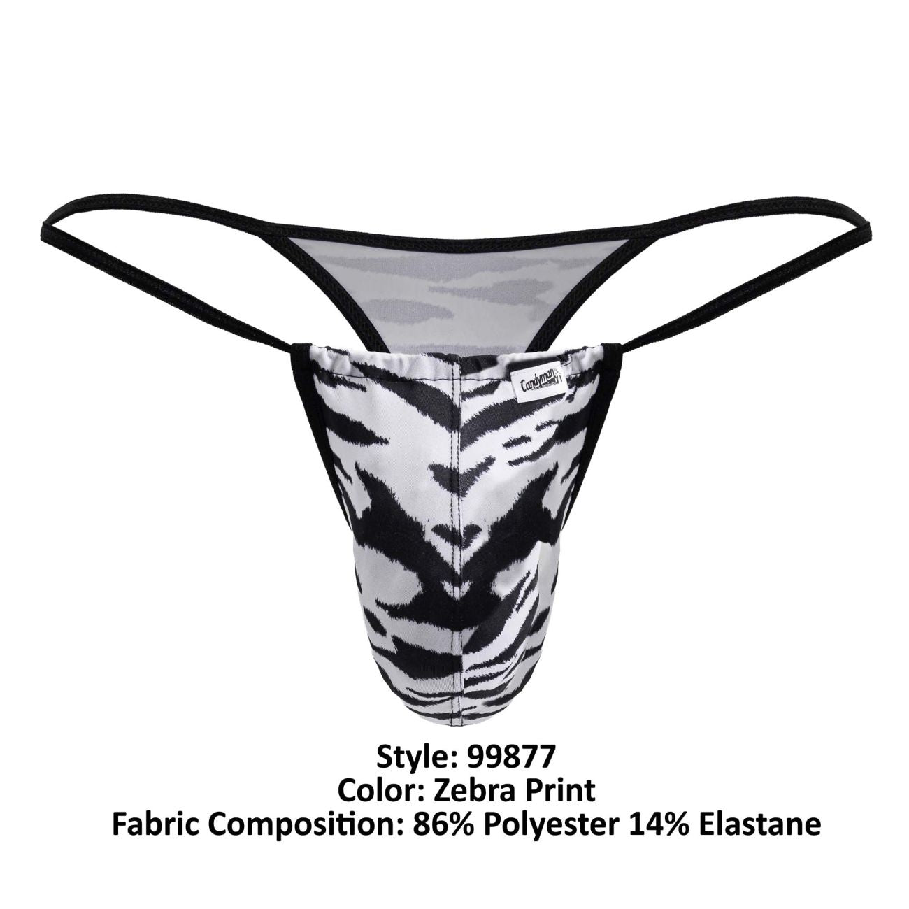 Black and white zebra-print CandyMan 99877 thong with black elastic straps showing the back side of the product
