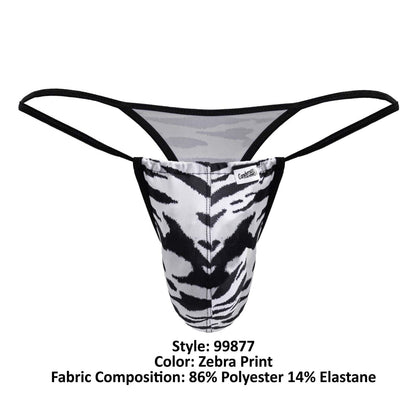 Black and white zebra-print CandyMan 99877 thong with black elastic straps showing the back side of the product