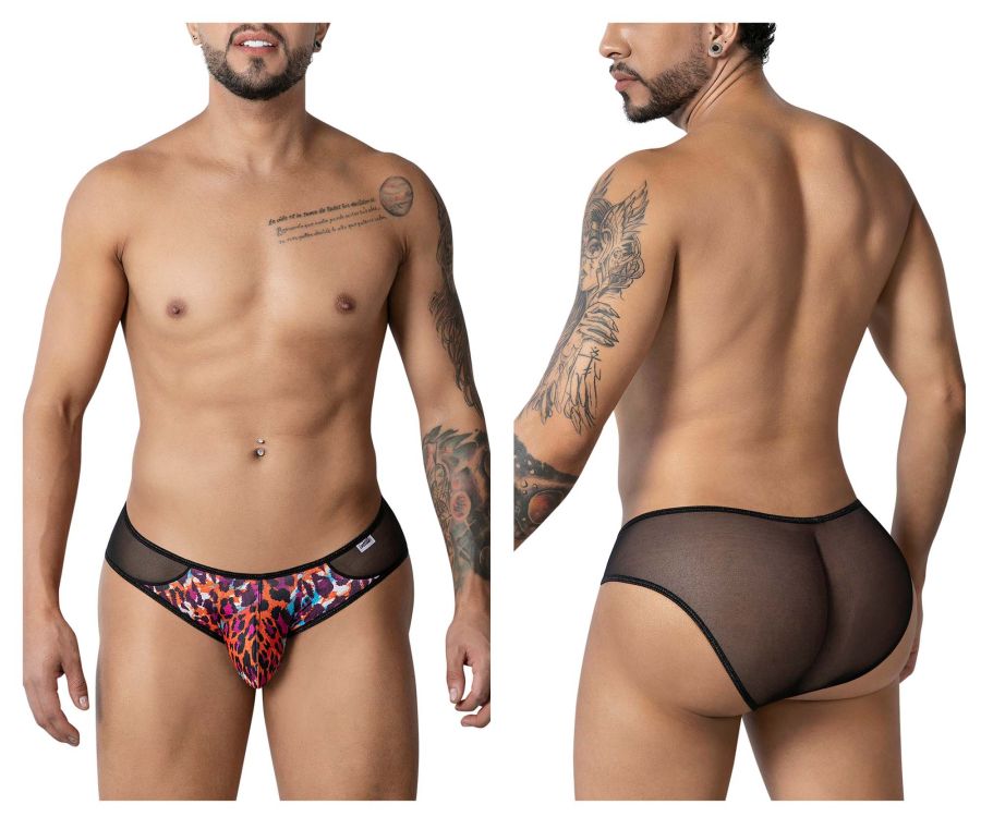 Vibrant leopard-printed briefs with black mesh sides and trim from candyman 99879 animal print collection