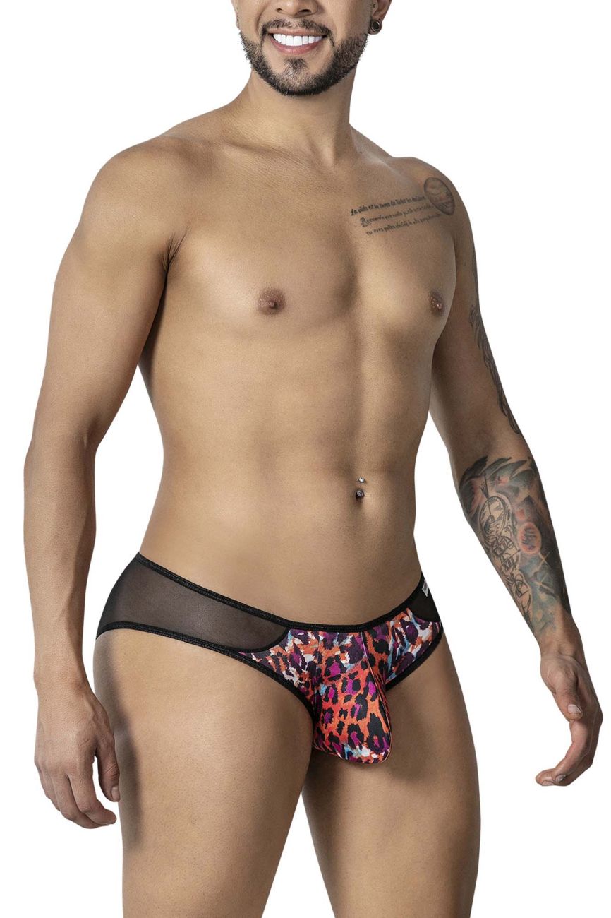 Vibrant leopard-print briefs by candyman with sheer black mesh side panels in animal print color