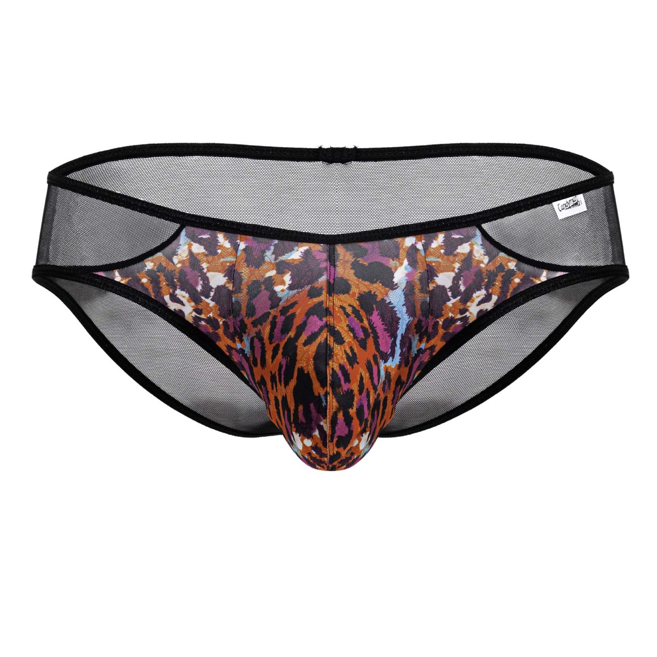 CandyMan 99879 leopard briefs in black mesh with vibrant multi-colored animal print pattern for men