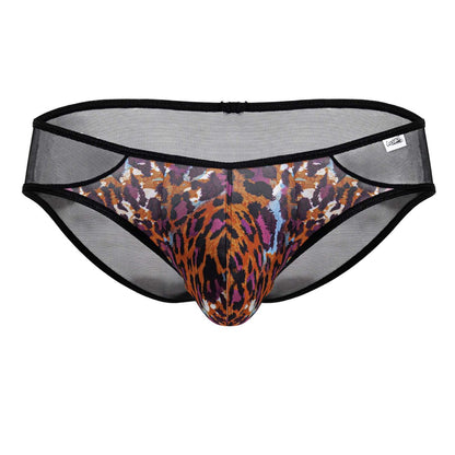 CandyMan 99879 leopard briefs in black mesh with vibrant multi-colored animal print pattern for men