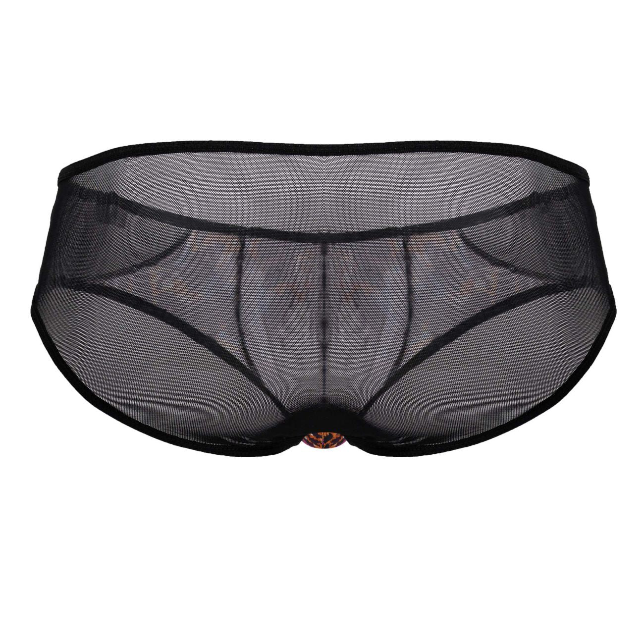 Black mesh CandyMan 99879 leopard briefs with solid waistband and gold ornate clasp at the center front