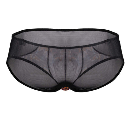 Black mesh CandyMan 99879 leopard briefs with solid waistband and gold ornate clasp at the center front