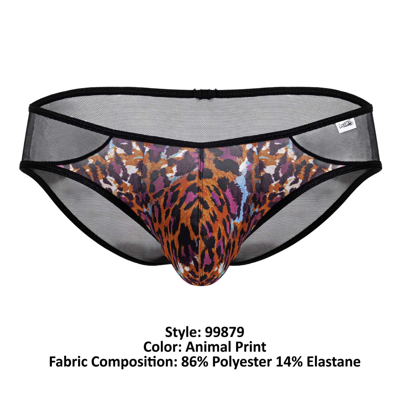 Black mesh briefs with bold orange brown and purple leopard animal print from candyman 99879 collection
