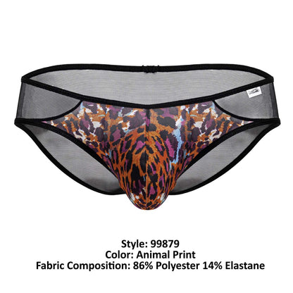 Black mesh briefs with bold orange brown and purple leopard animal print from candyman 99879 collection