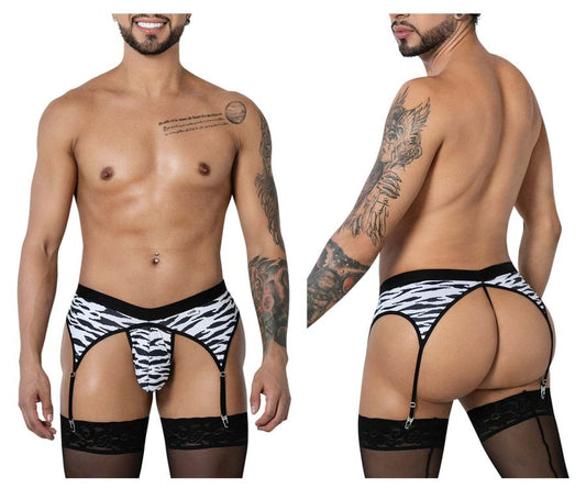CandyMan 99881 zebra thongs with black and white zebra print suspenders and lace trim detailing