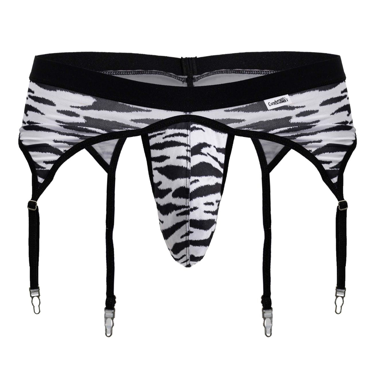 CandyMan 99881 zebra print men’s garter belt in black and white with four adjustable straps for secure fit