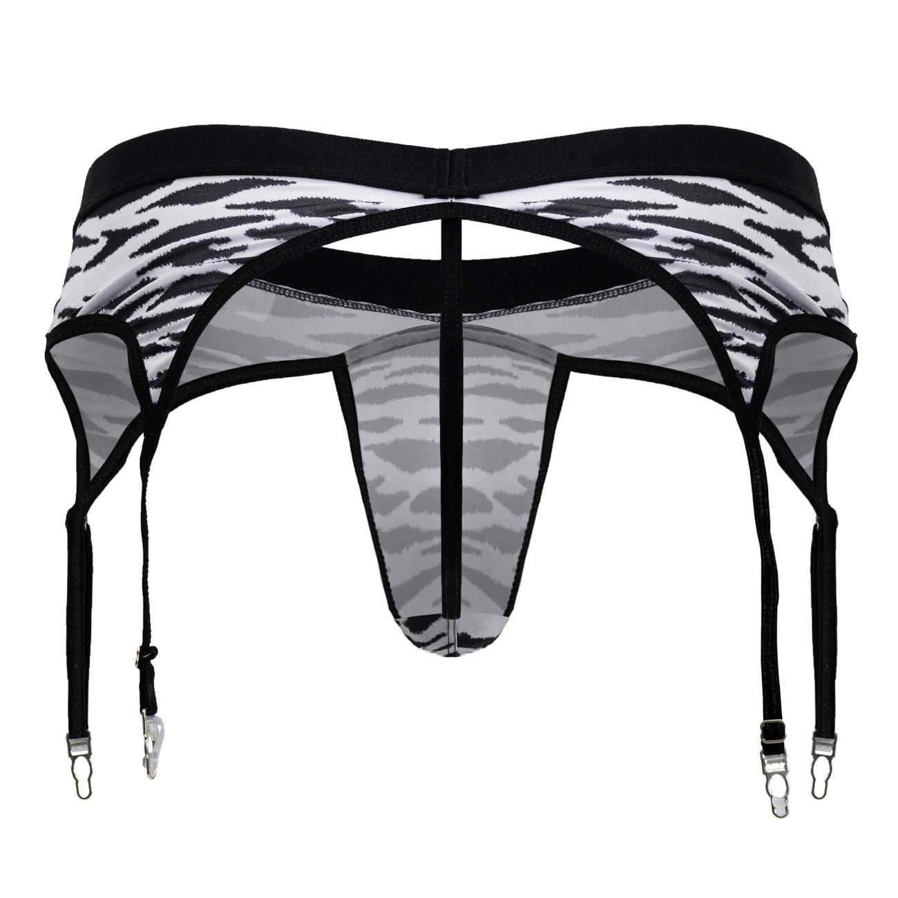 CandyMan 99881 zebra print men’s garter belt with black and white zebra print sheer mesh panels and metal clasps