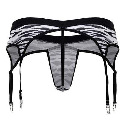 CandyMan 99881 zebra print men’s garter belt with black and white zebra print sheer mesh panels and metal clasps