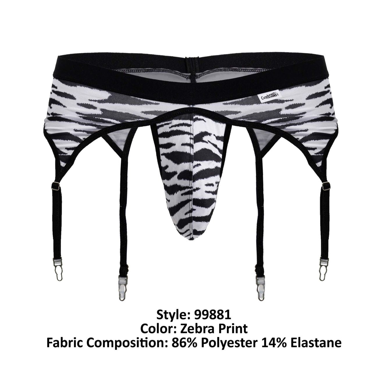 CandyMan 99881 zebra thongs zebra print black and white zebra print men’s briefs with four adjustable straps front view