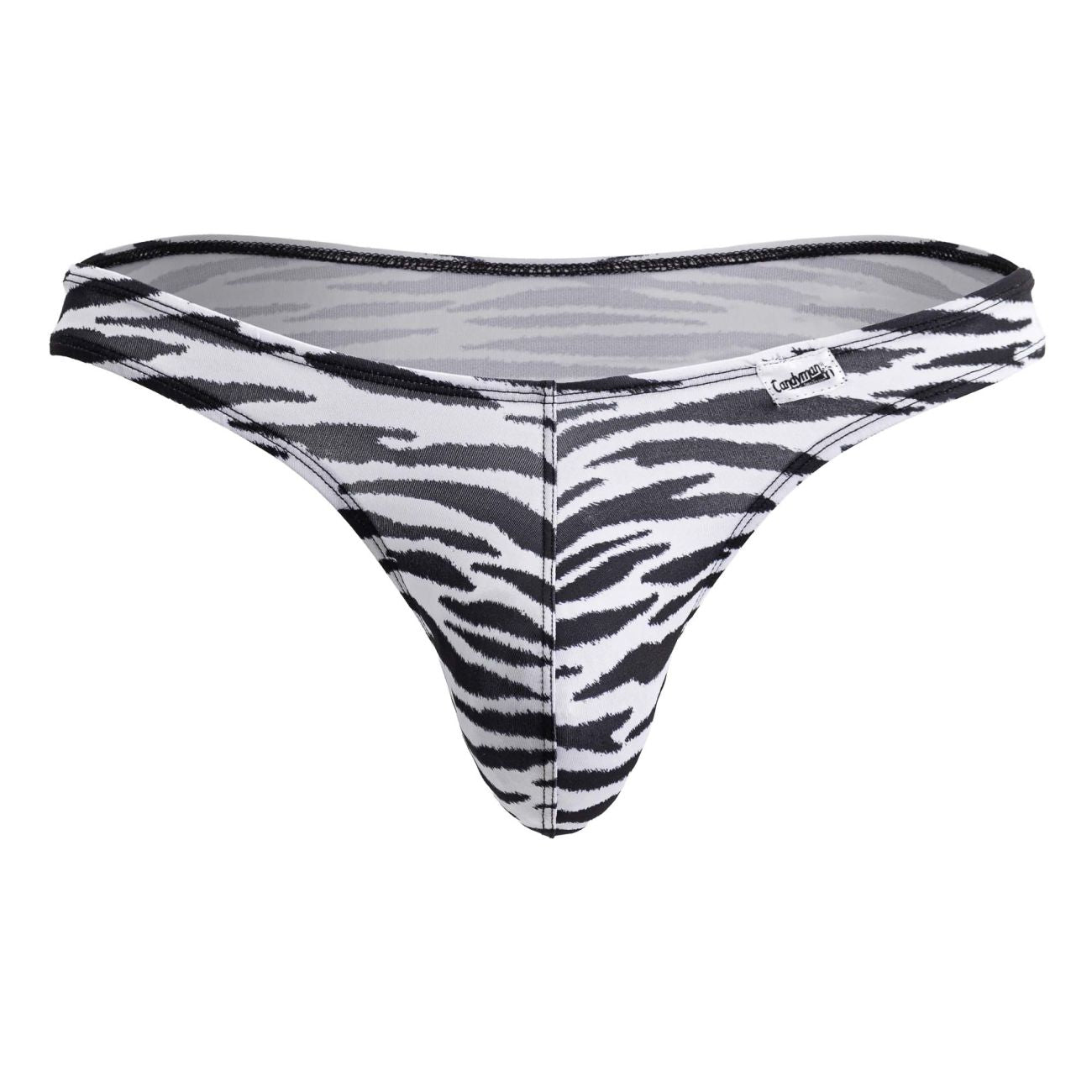 Back view of Candyman 99882 zebra thong in black and white zebra print with sheer mesh back panel