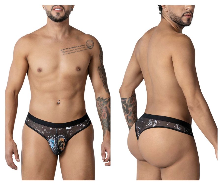 Black sheer candyMan 99885 sun moon thongs with cosmic moons stars and blue white skull design