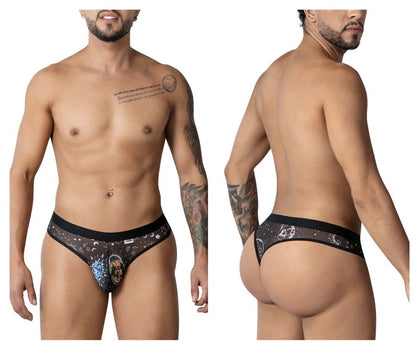 Black sheer candyMan 99885 sun moon thongs with cosmic moons stars and blue white skull design