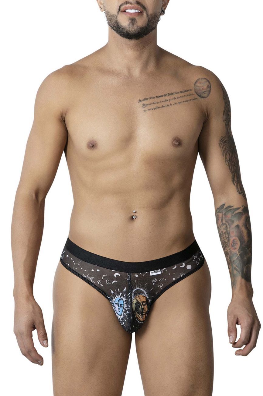 Black lace CandyMan 99885 thongs with celestial moons stars and illustrated face in black and white colors