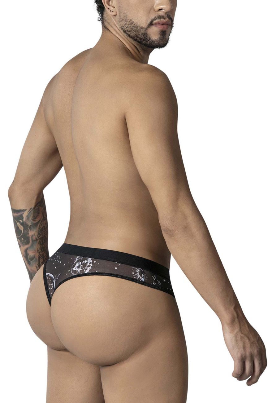 Black sheer thong CandyMan 99885 featuring a celestial pattern of white moons and stars in black and white