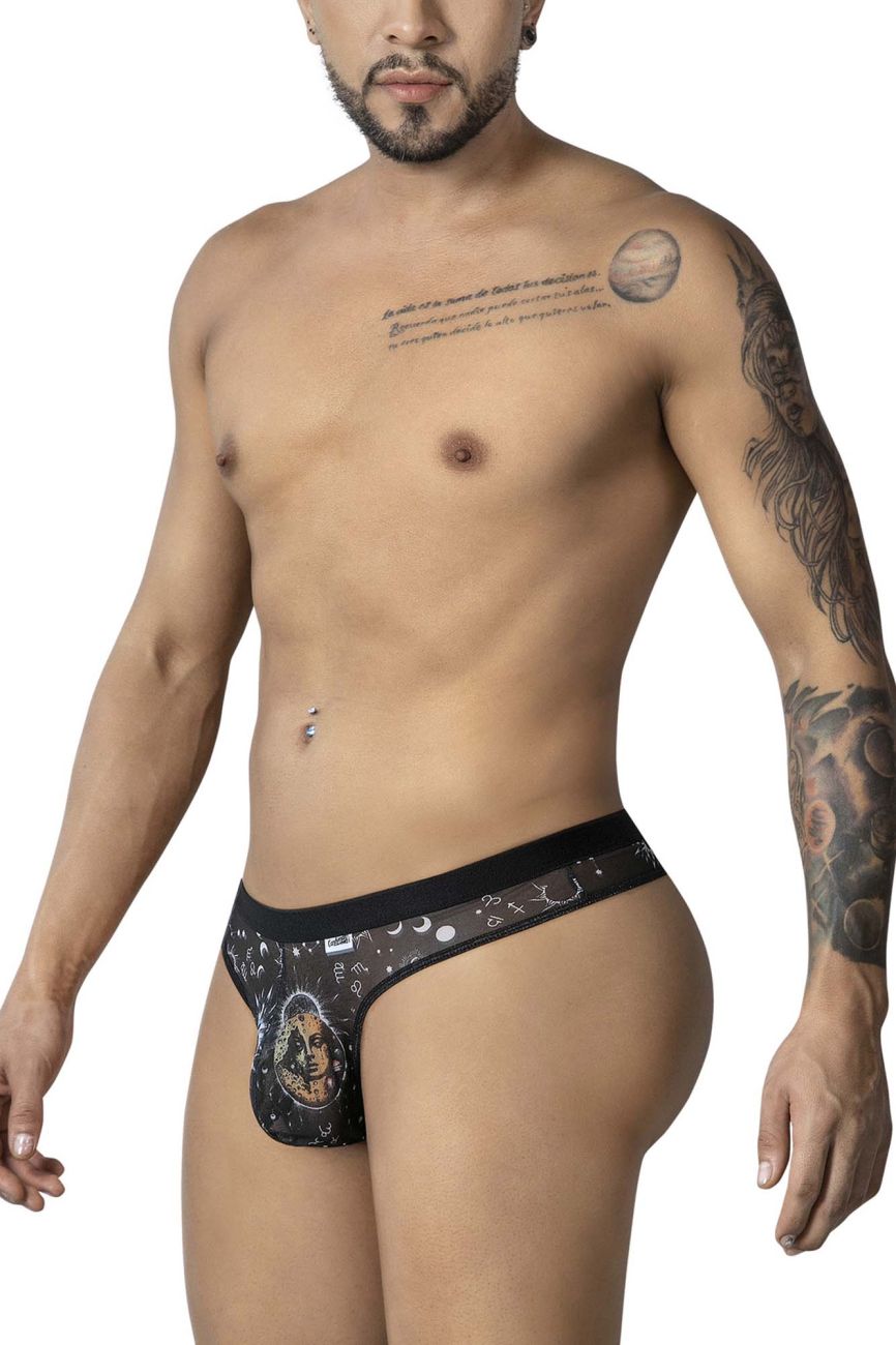 Black men’s thong candyMan 99885 sun moon thongs with cosmic design and ornate emblem in black and white color