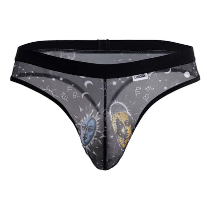 Black candy man 99885 mesh thong with blue sun face yellow moon face and zodiac designs on gray sheer fabric