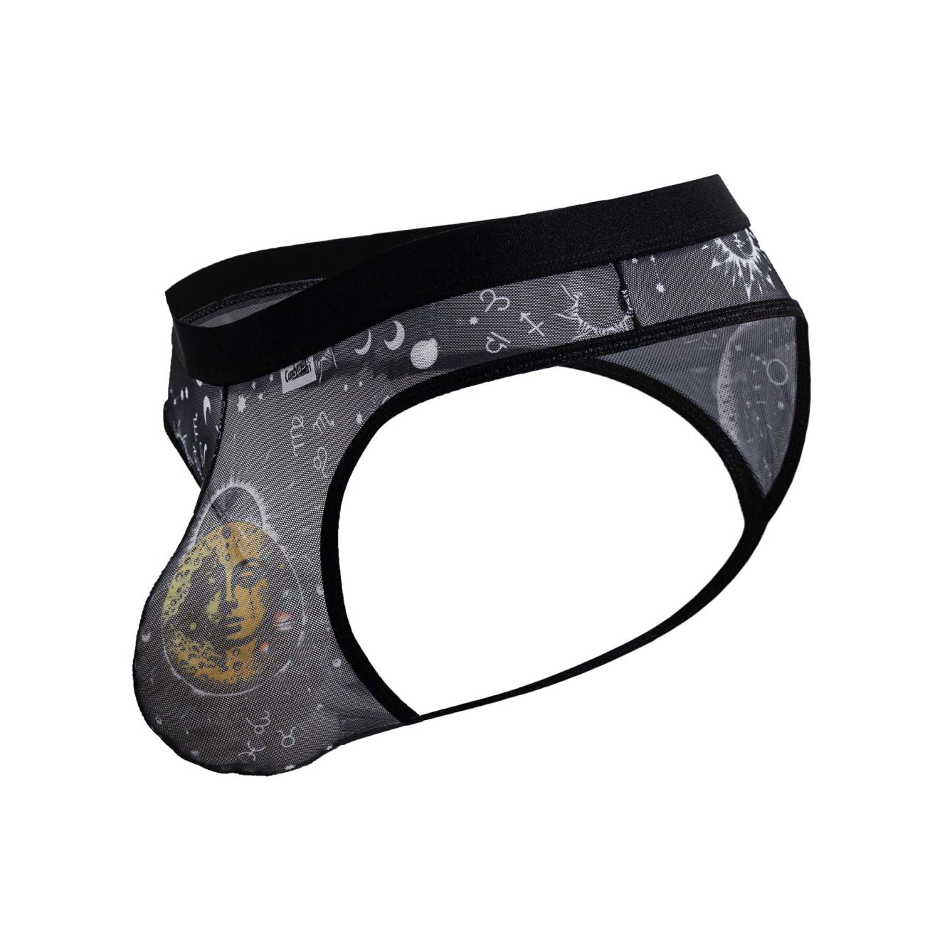 Black mesh briefs candyMan 99885 sun moon thongs with white astrological symbols and yellow face design on front