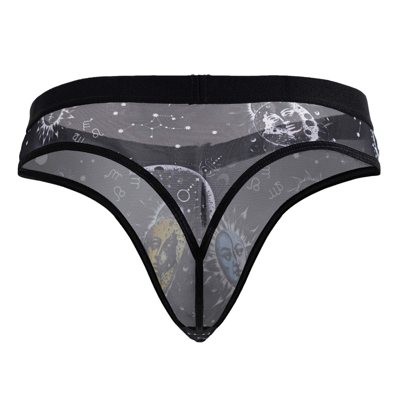 Black mesh thong with grayscale celestial moon sun and star design candy man 99885 sun moon thongs black white
