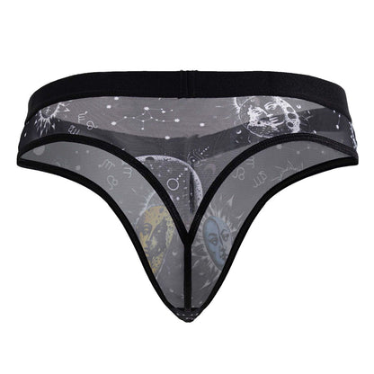 Black mesh thong with grayscale celestial moon sun and star design candy man 99885 sun moon thongs black white