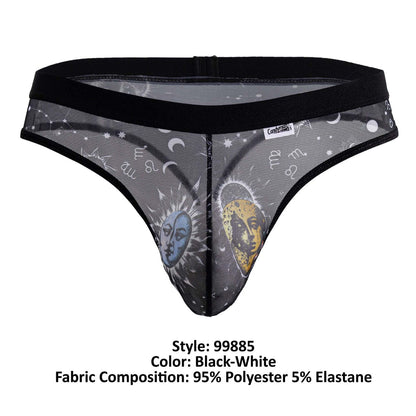 Black and white sheer mesh thong with celestial blue sun face yellow moon face stars and astrological symbols candy man 99885