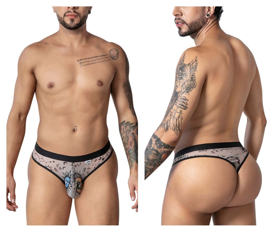 Black and gray patterned mens briefs with sun moon stars and constellations celestial design by candyman