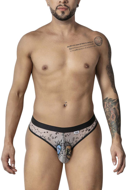 Black and gray patterned men’s briefs with celestial sun and moon designs and a black elastic waistband by candyman