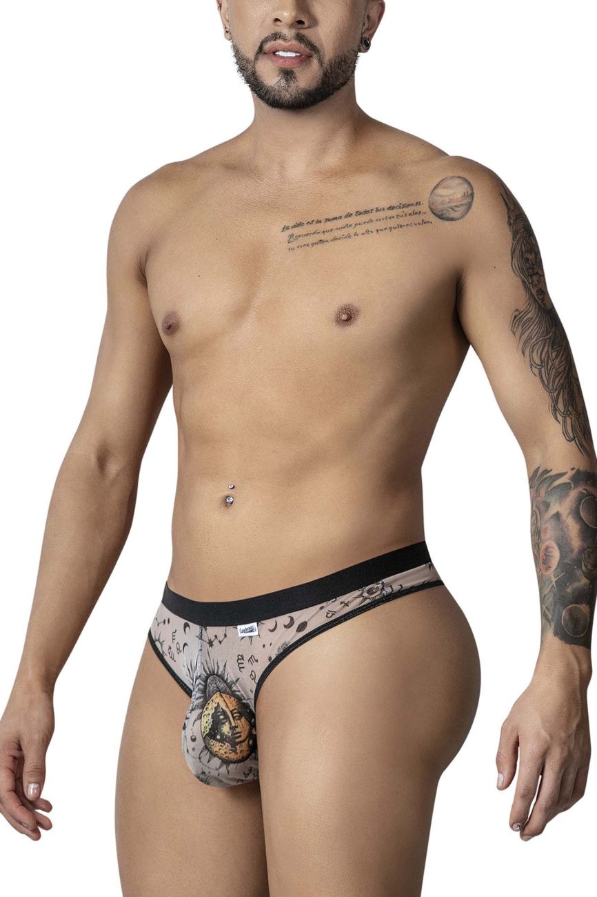 Black and gray patterned CandyMan 99885 mens briefs with detailed nude-black moon themed design on the front