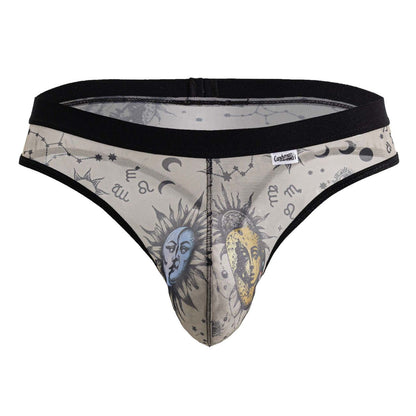 CandyMan 99885 sun moon thong in sheer beige mesh with black trim featuring celestial sun moon and zodiac designs