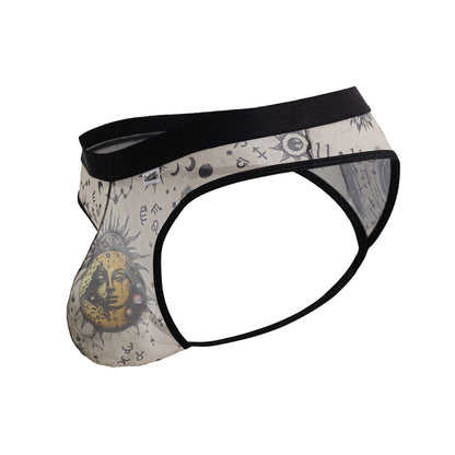 Cream-colored cream mens briefs with black elastic waistband and celestial sun moon star design by candyman
