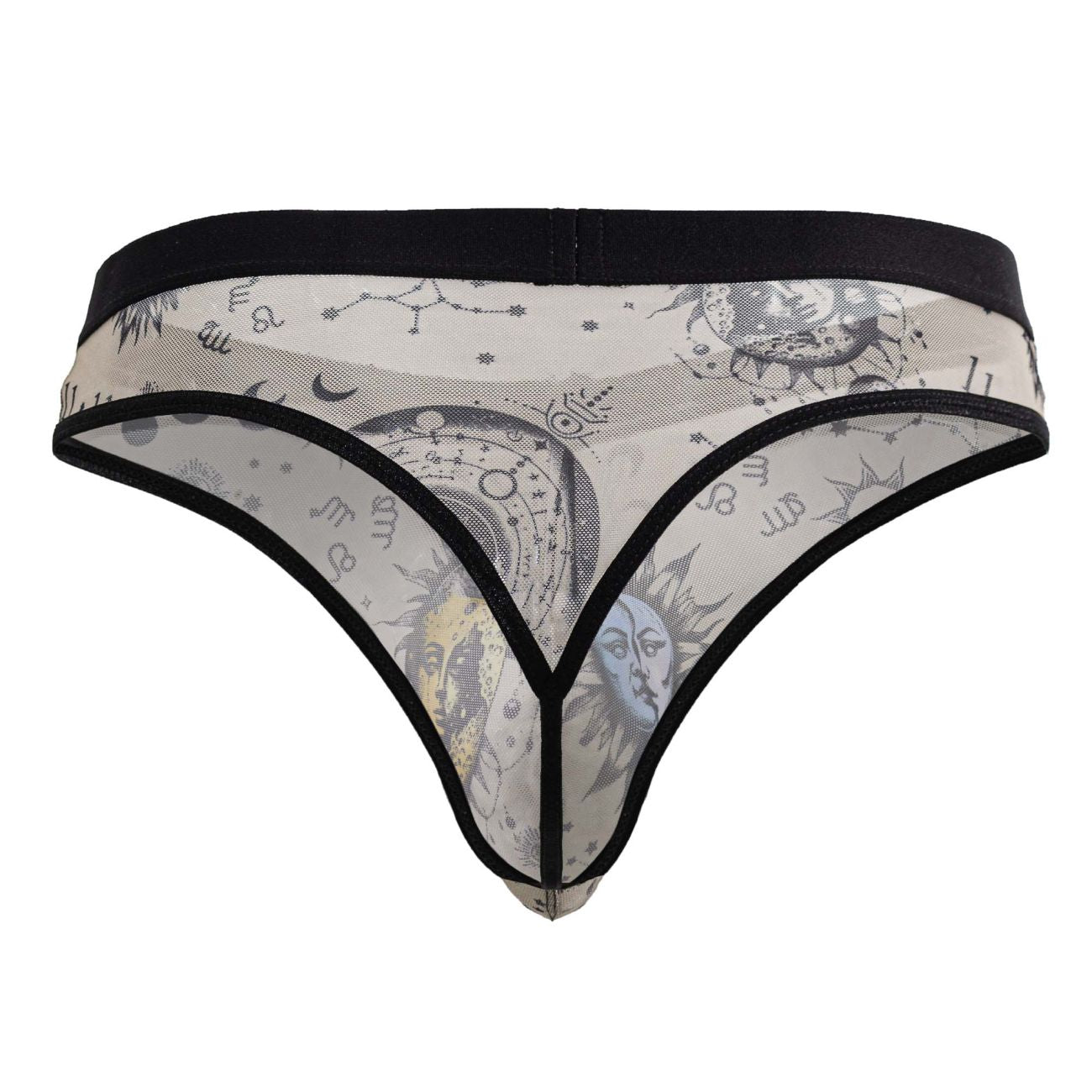 Black-trimmed sheer thong in nude and black featuring celestial sun moon faces zodiac symbols and constellations design